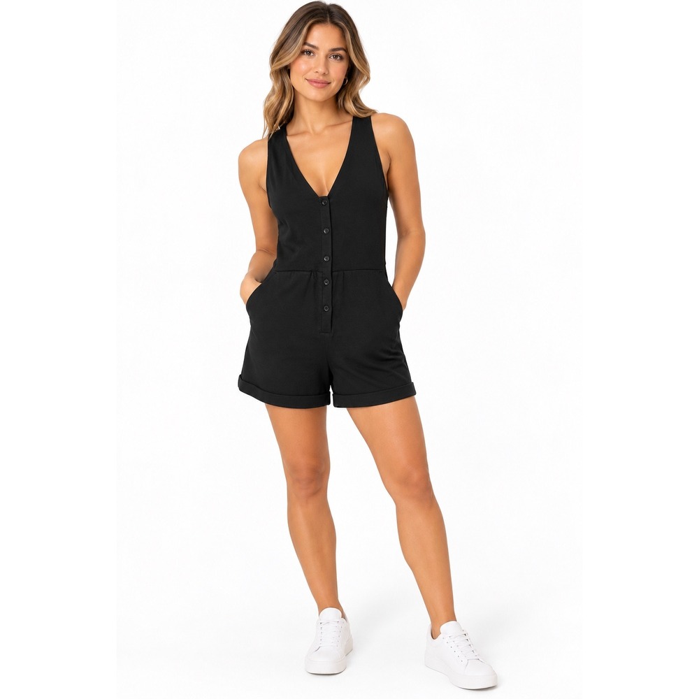 Express Women Black Sleeveless V-Neck Button Front Pocket Romper XS 27900895